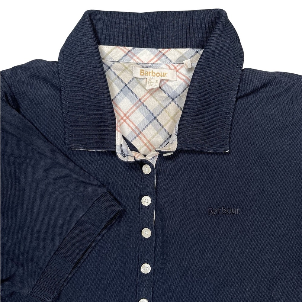 Barbour Women's Navy Portsdown Short Sleeve‎ Polo Shirt Top Sz 10 Tartan Preppy